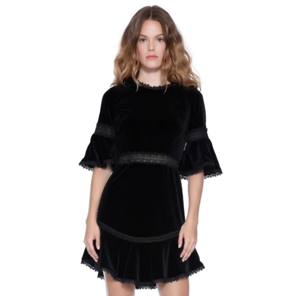 Alice and Olivia Doloris Fluted Lace-Trimmed Velvet Mini Dress, Size Small